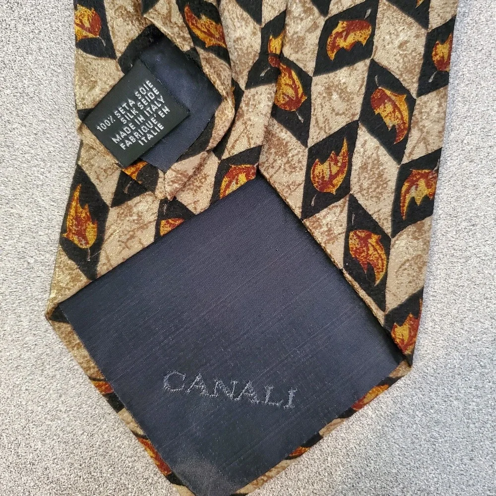 Canali Silk Necktie Mens Geometric Harlequin‎ Leaf Pattern Brown Tan Gold Italy